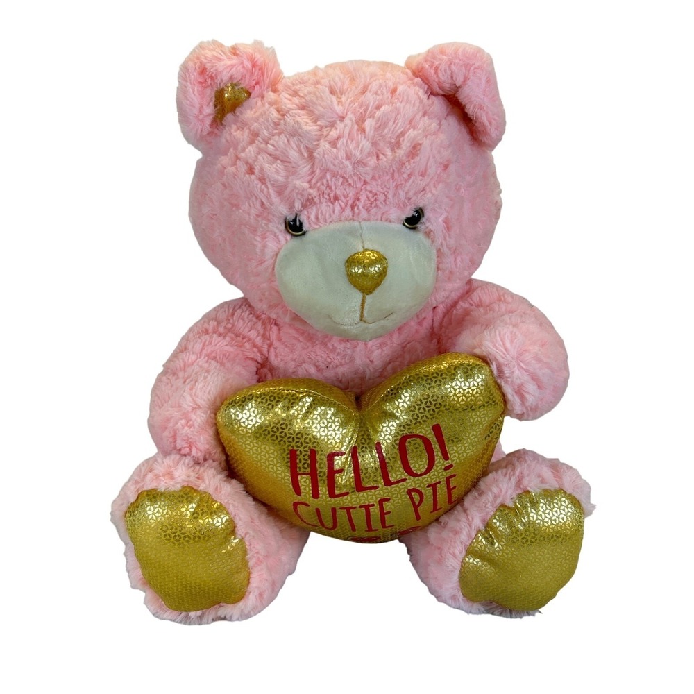 Animal Adventure Pink Teddy Bear 14" Plush Holding Gold Heart Hello Cutie Pie 20